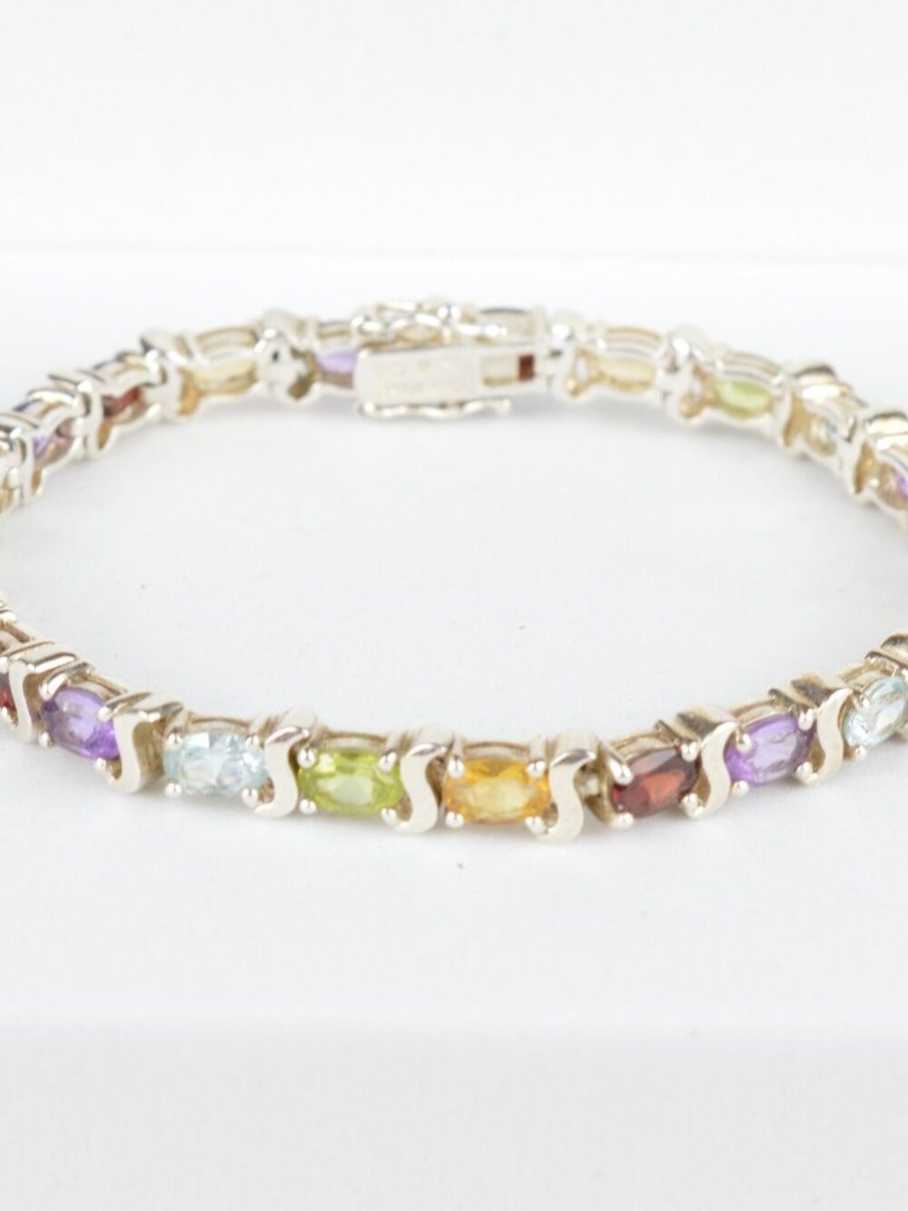 925 Sterling Silver Multi Gemstone Tennis Bracelet 7" VTG S Link Thailand 17g